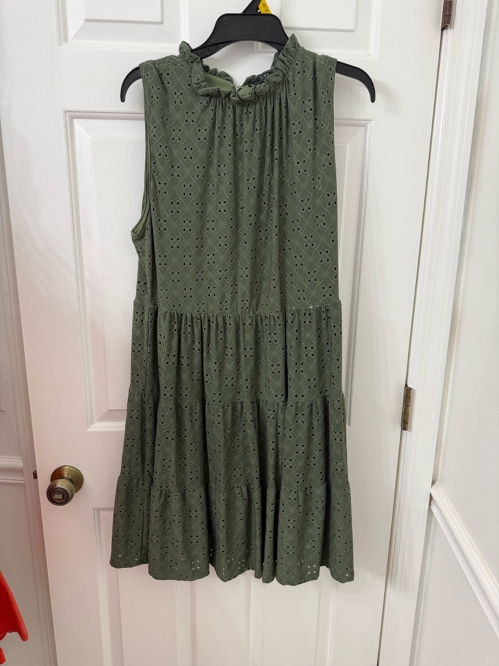 Sleeveless Olive Eyelet Tiered Midi Dress